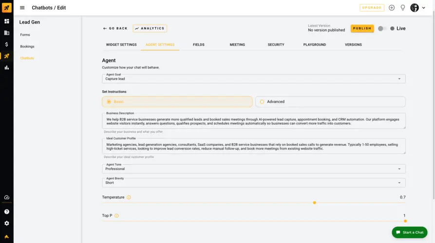 Chatbot agent settings