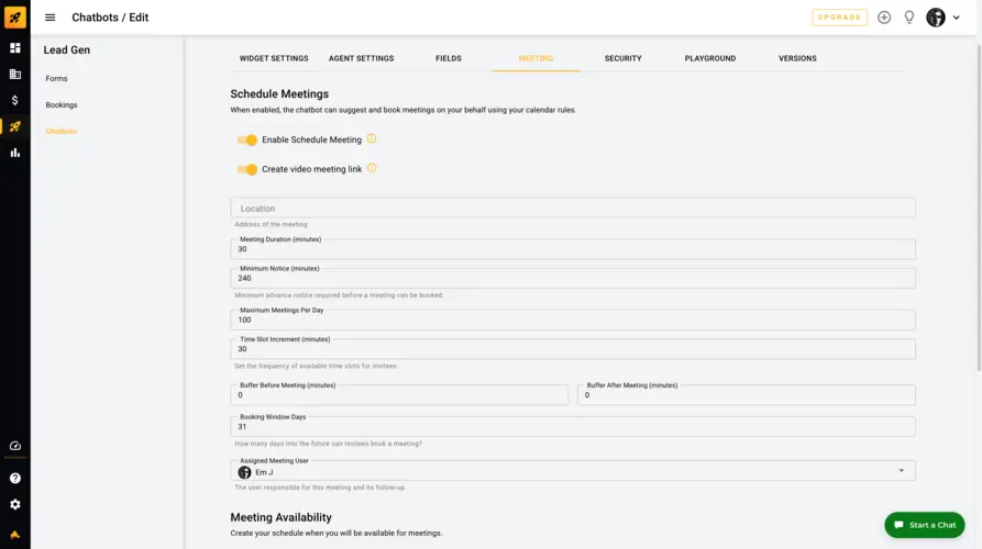 Chatbot booking settings