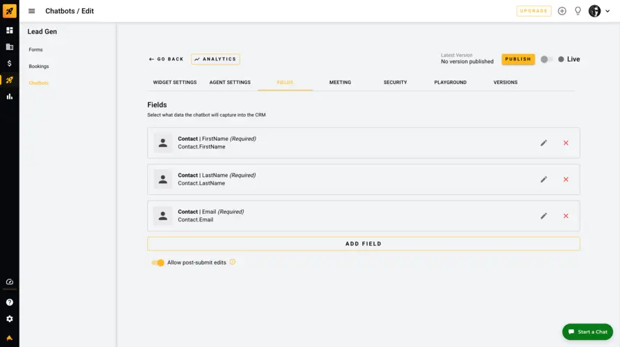 Chatbot lead capture fields