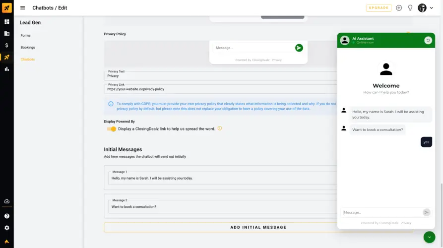 Chatbot initial messages