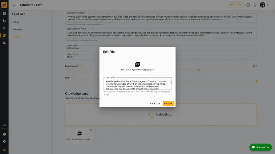 Chatbot knowledge base upload
