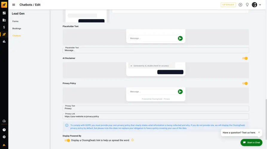 Chatbot privacy settings