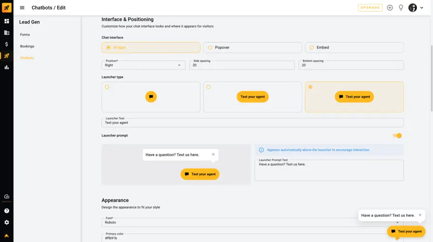 Chatbot widget settings