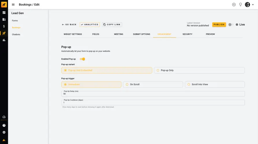 Booking form pop-up engagement settings