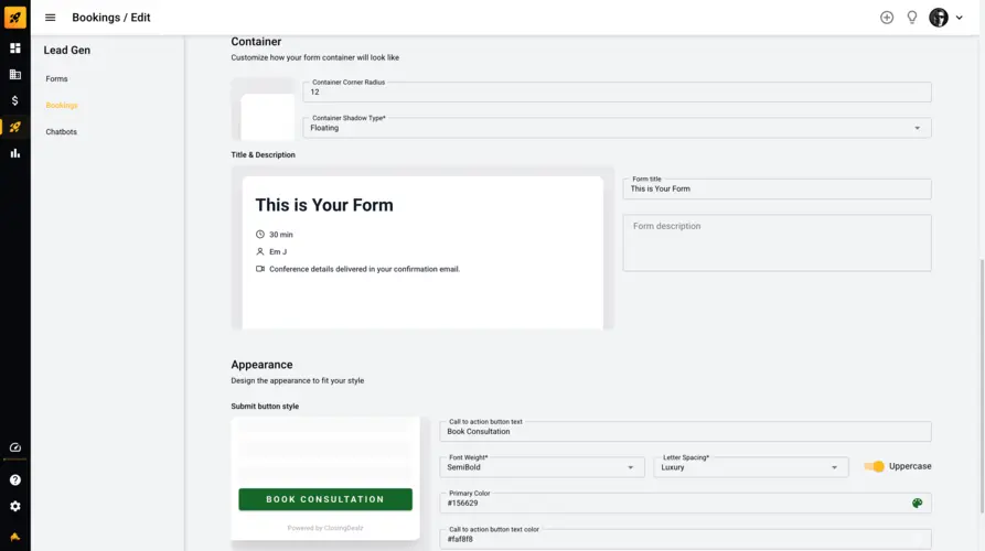 Booking form appearance and theme customization