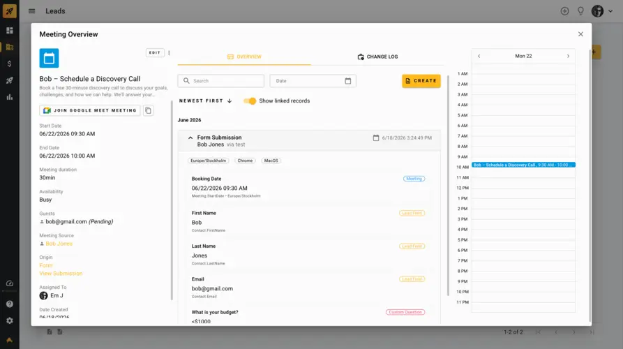 Lead created from booking form inside the CRM