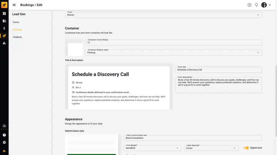 Booking form title and description example