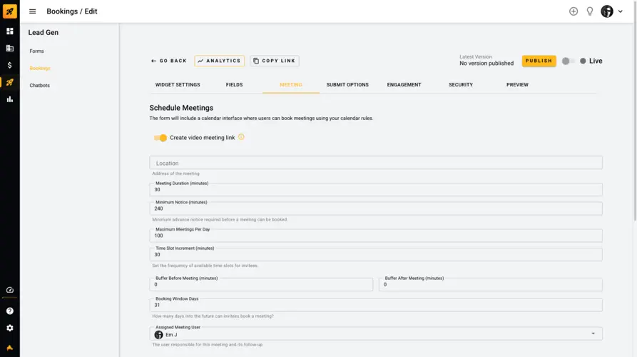 Booking form meeting duration and buffer settings