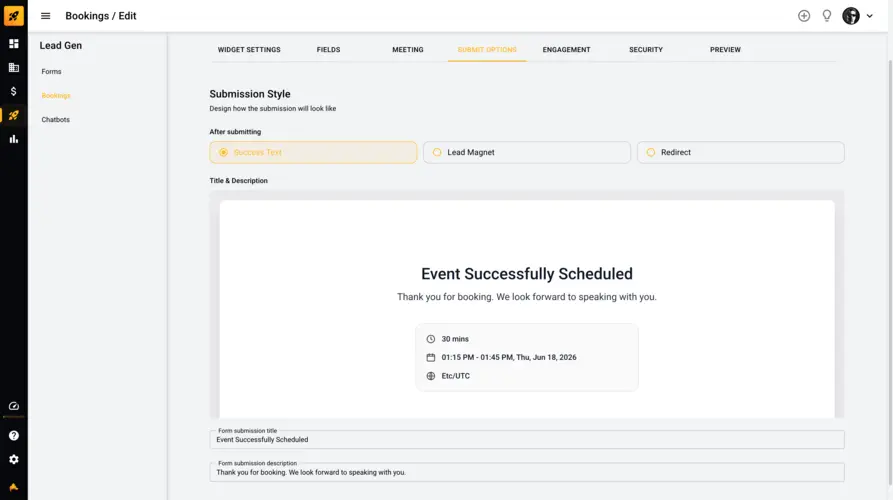 Booking form submission confirmation screen
