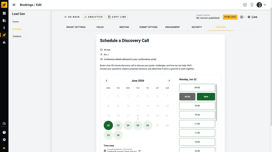 Booking form preview before publishing