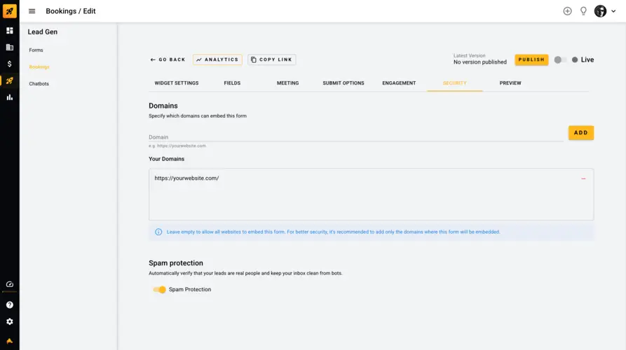 Booking form security and spam protection settings
