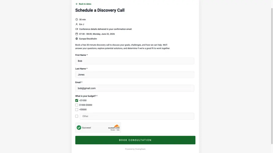 Standalone booking page for website