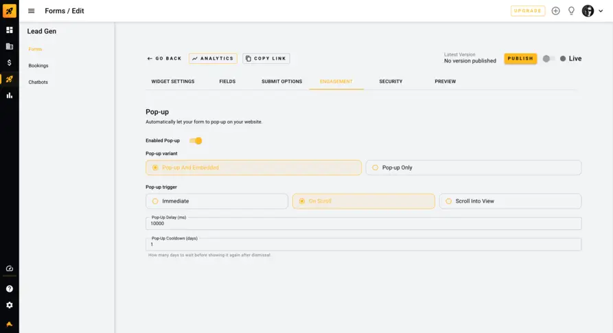 Lead magnet pop-up settings