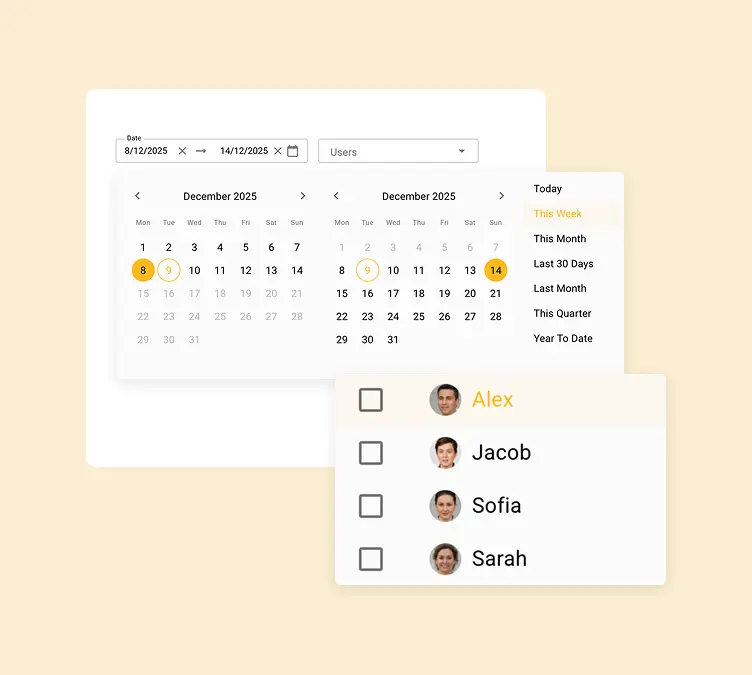 Filter by Date, Team, or Individual