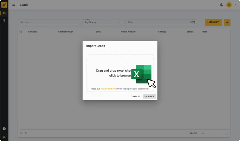 Screenshot of import leads popup where user is uploading excel file